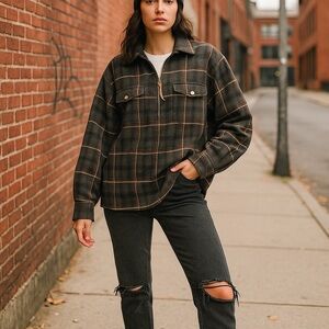 Vintage Express Womens Plaid Half Zip Shirt L XL Wool Blend 90s Grunge Hong Kong